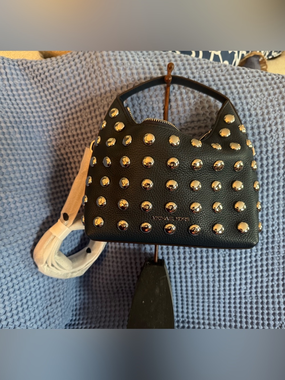 Michael Kors Navy Leather Mini Studded Top-Handle Bag with Gold Accents